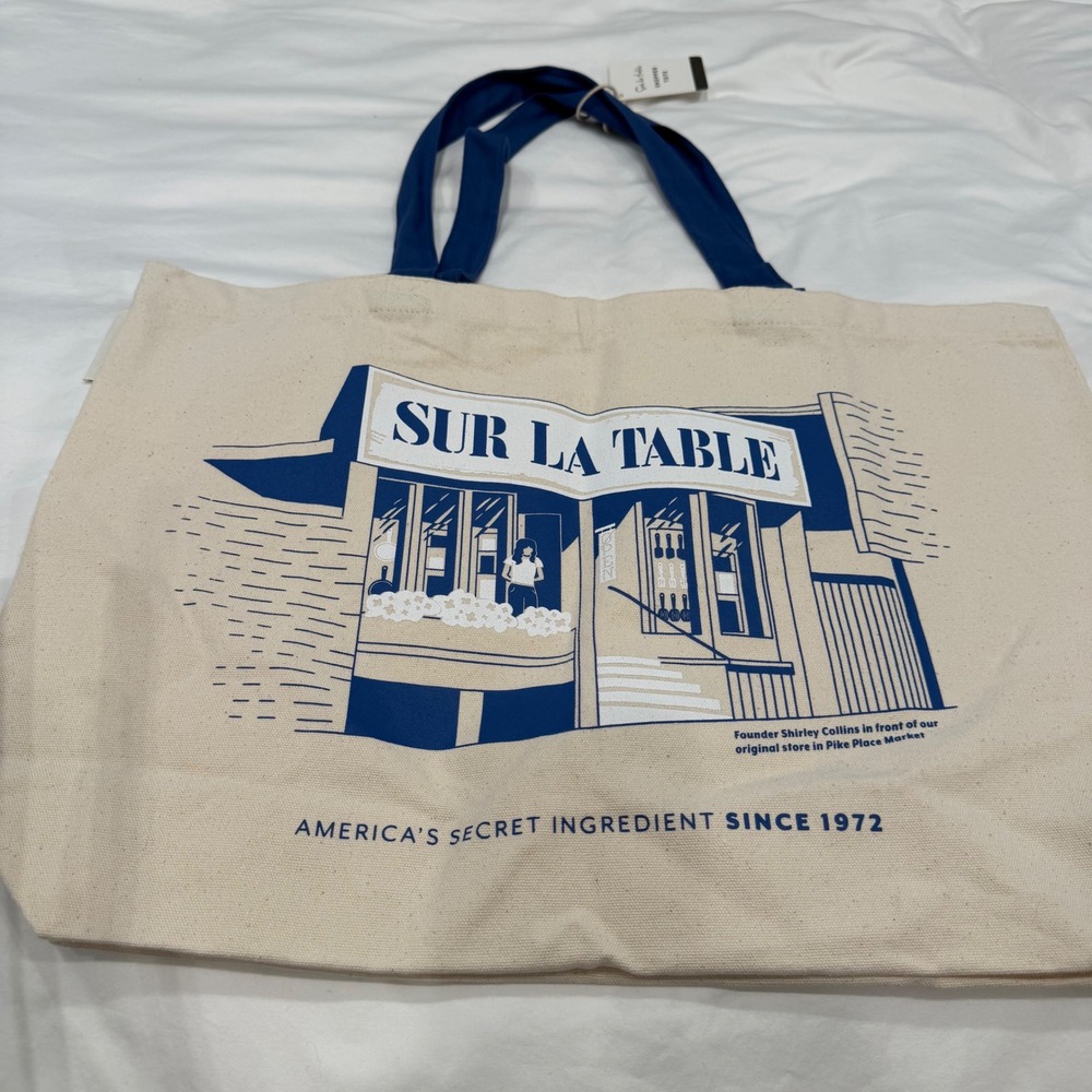 Sur La Table Shopper Tote Canvas Bag Pike Place Market Cream Blue NWT - Picture 7 of 11